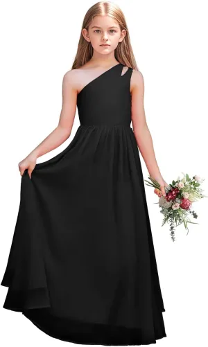 Junior Girls Bridesmaid Dress One Shoulder Flower Girl Wedding Party Dresses for Teen Chiffon Dress