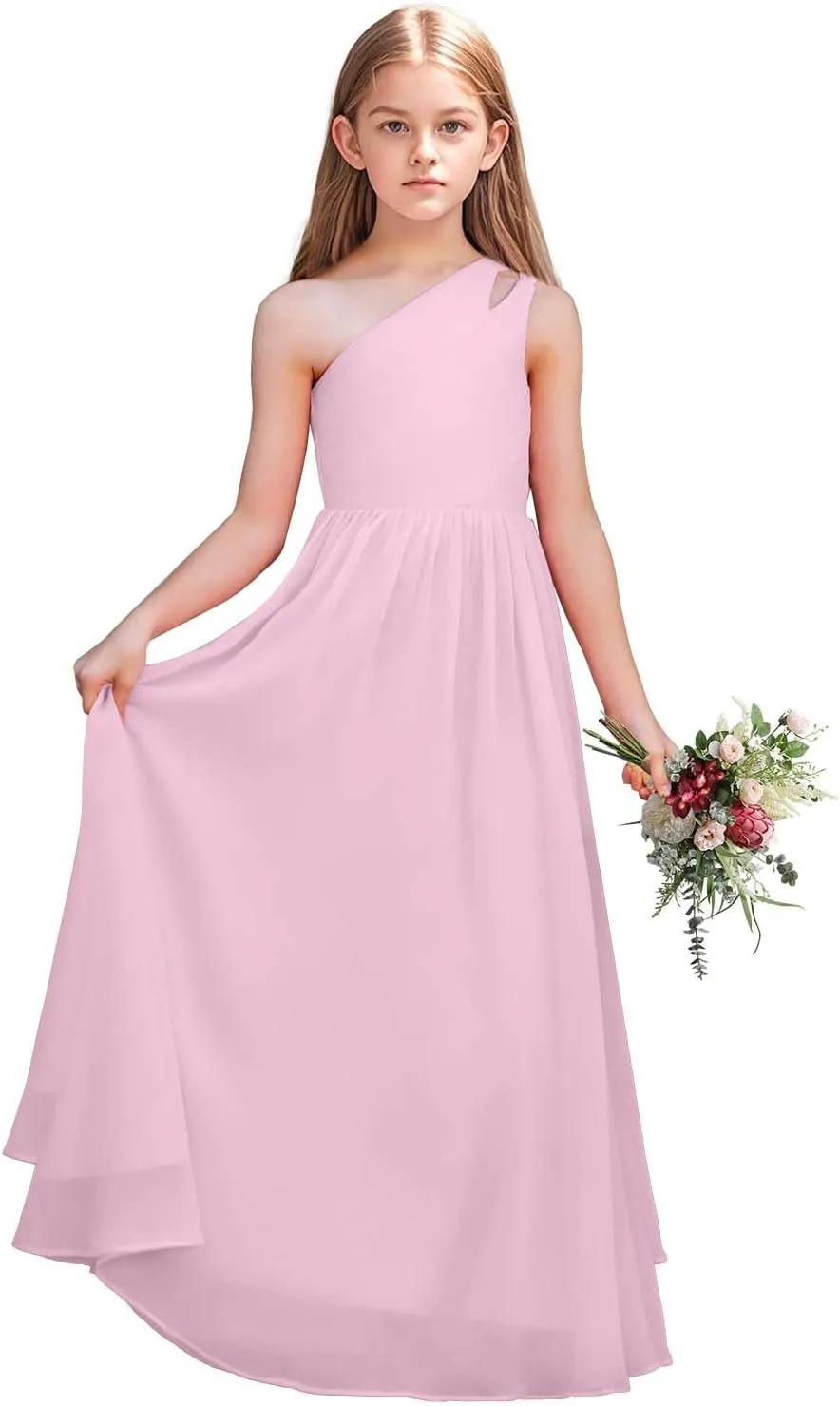 Junior Girls Bridesmaid Dress One Shoulder Flower Girl Wedding Party Dresses for Teen Chiffon Dress