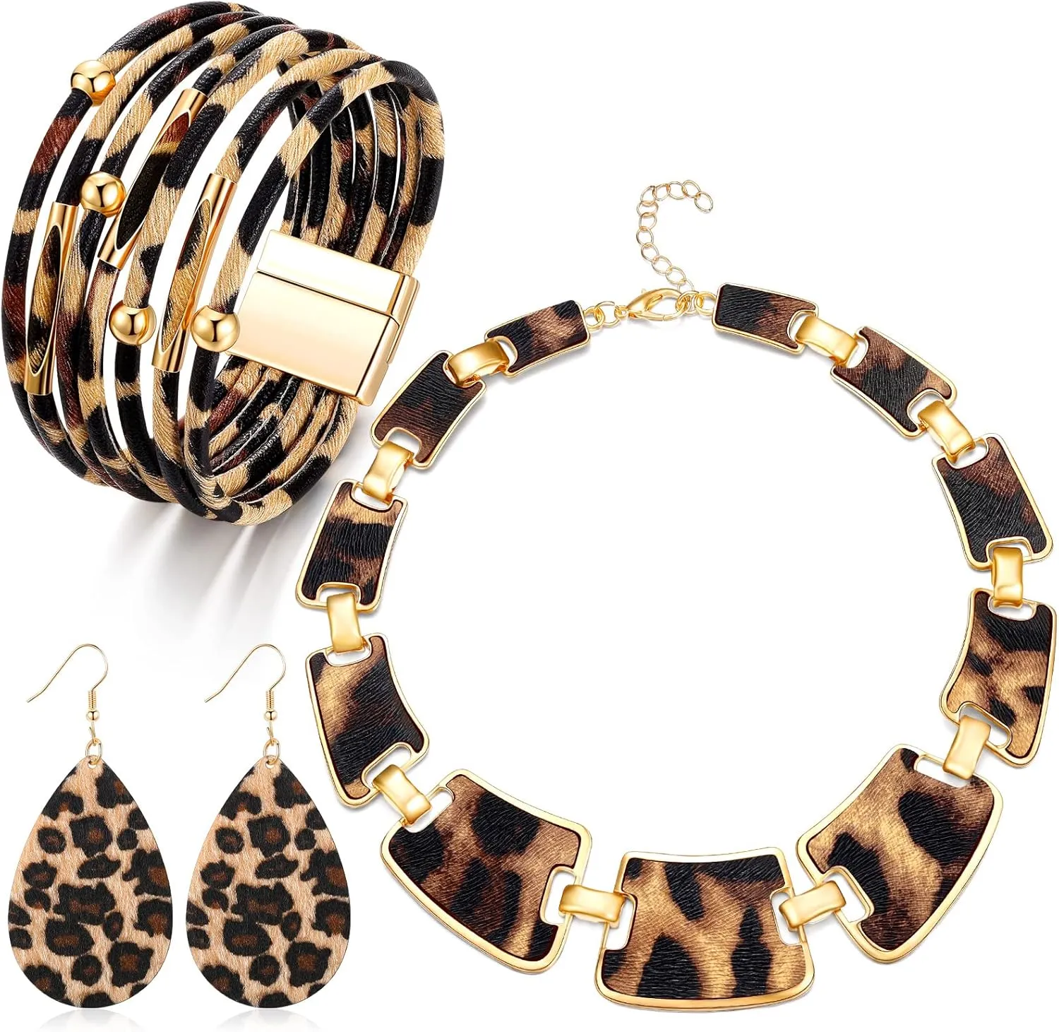 Junkin 3 Pieces Bohemia Leopard Jewelry Set Multilayer Leather Cuff Bracelet Leopard Print Earrings Necklace Collar Bib for Women