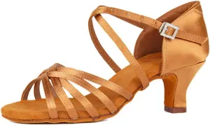 JUODVMP Satin Latin Dance Shoes Women Suede Bottom Professional Practice Open Toe Ankle Strap Ballroom Dance Shoes,Model 213ZS