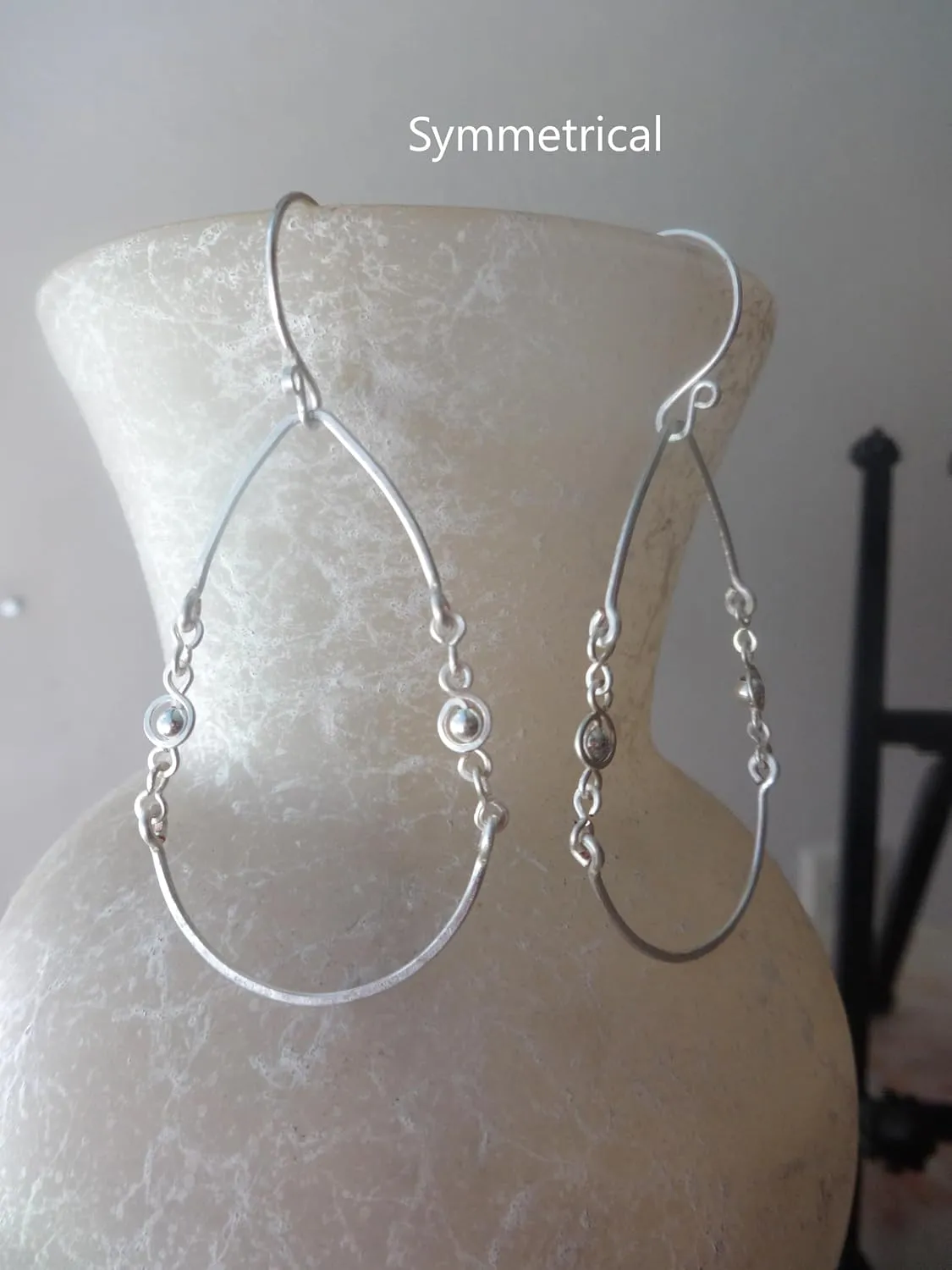 Kinked Teardrop Hoop Earrings in Silver Plate, Dangle Earrings with with Chain Ball Link, Minimalist Hammered Hoops (Symmetrical)
