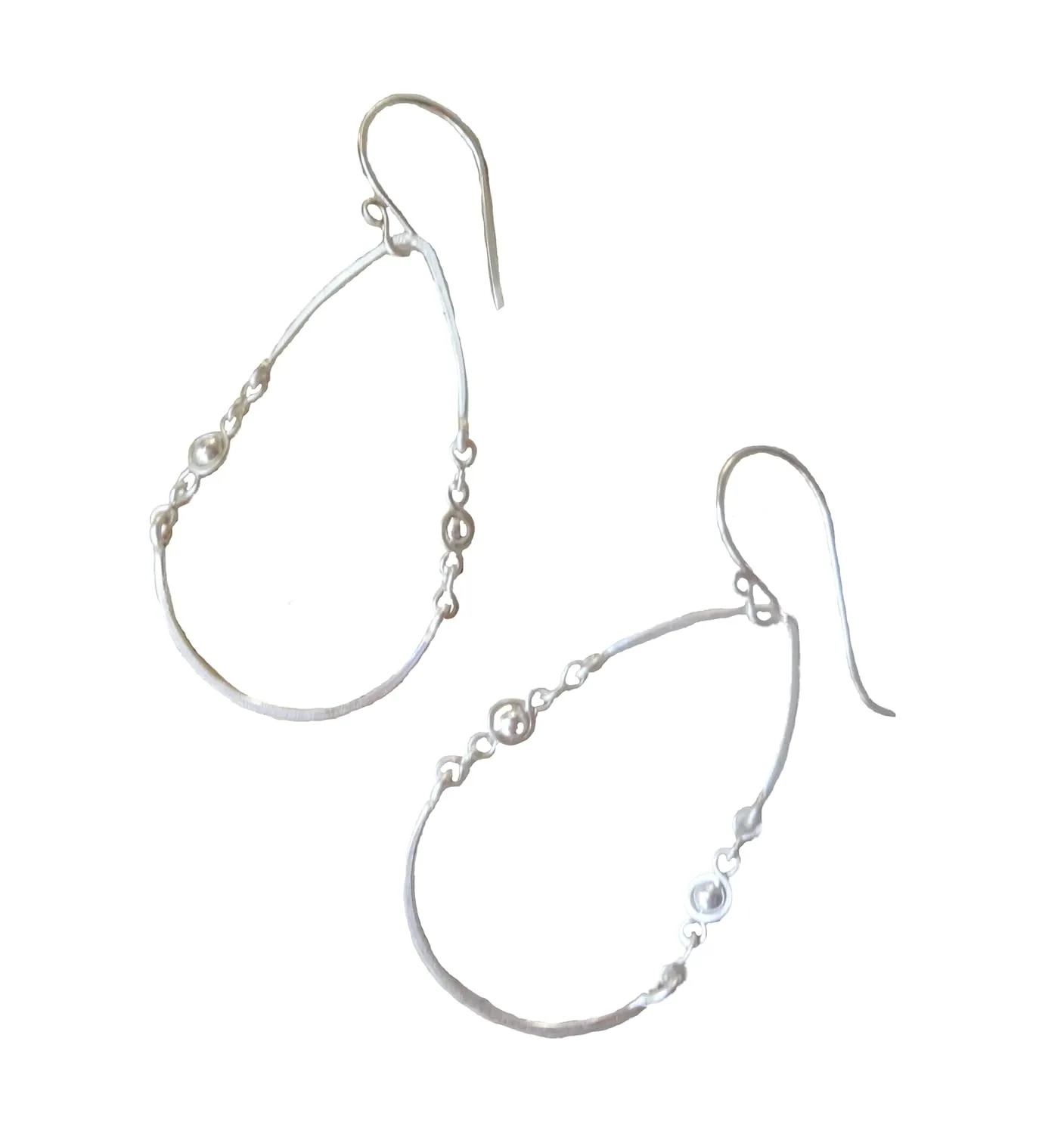 Kinked Teardrop Hoop Earrings in Sterling Silver, Dangle Earrings with with Chain Ball Link, Minimalist Hammered Hoops (Symmetrical)