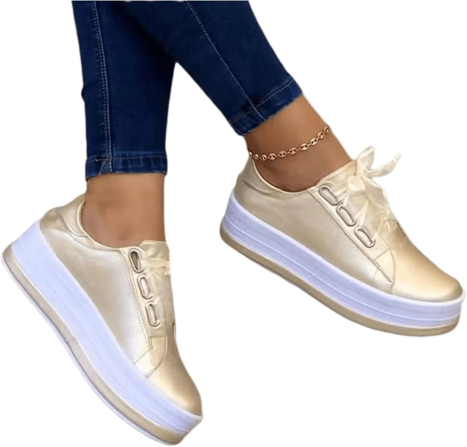 Ladmiple Shoes For Women Sneakers Slip Ons Walking Shoes Non Slip Lightweight Gym Fashion Lace Up Platform Flats Loafers