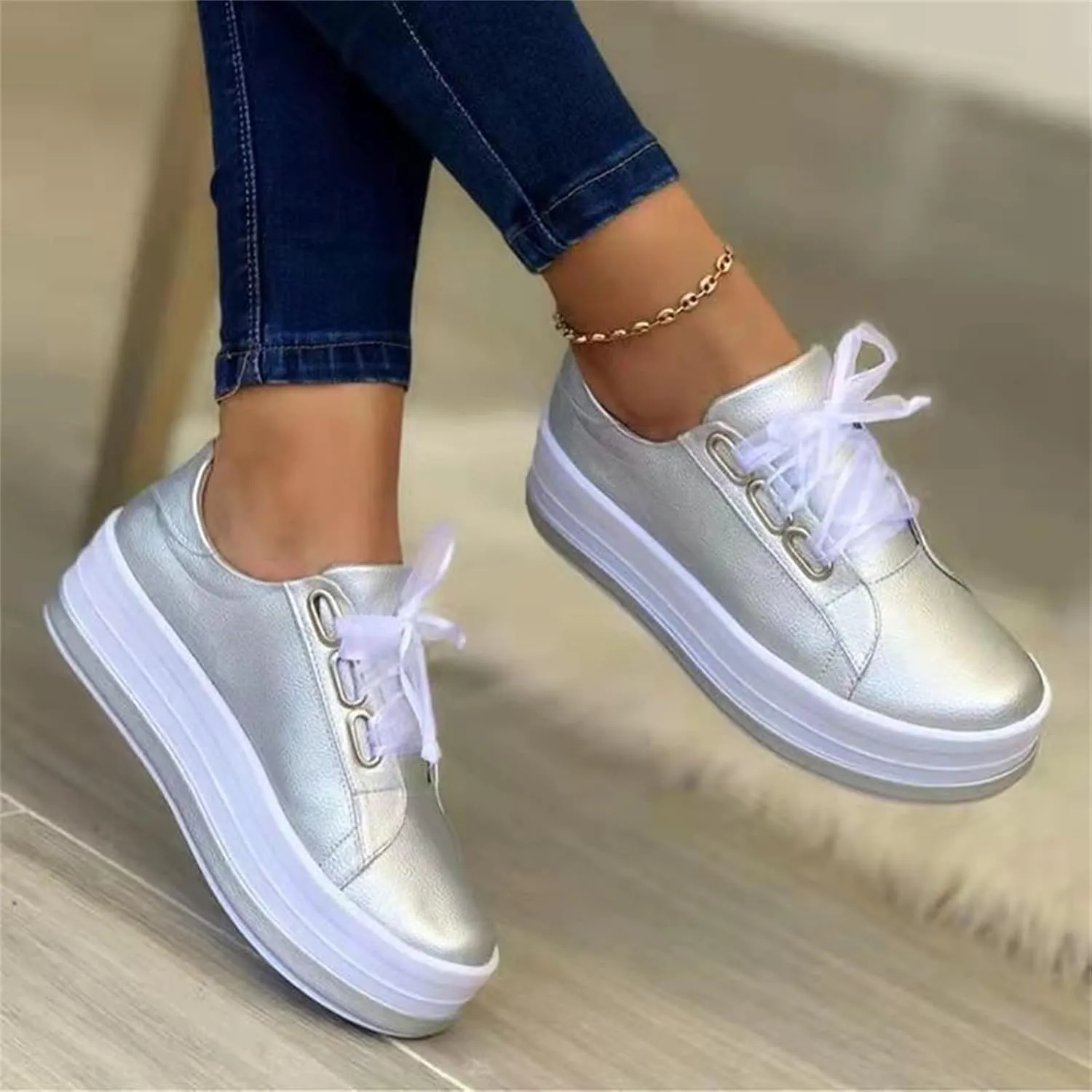 Ladmiple Shoes For Women Sneakers Slip Ons Walking Shoes Non Slip Lightweight Gym Fashion Lace Up Platform Flats Loafers