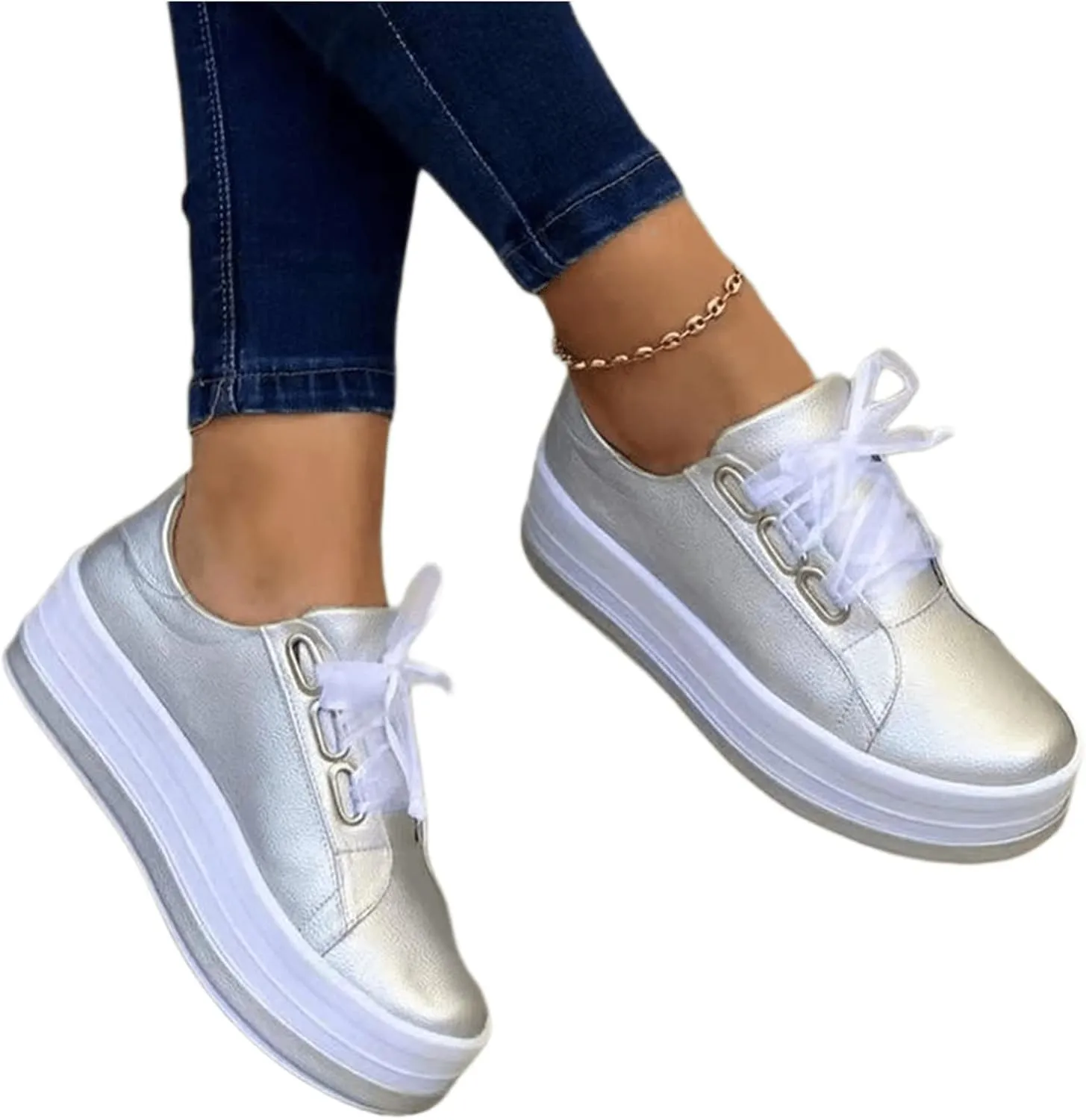 Ladmiple Shoes For Women Sneakers Slip Ons Walking Shoes Non Slip Lightweight Gym Fashion Lace Up Platform Flats Loafers