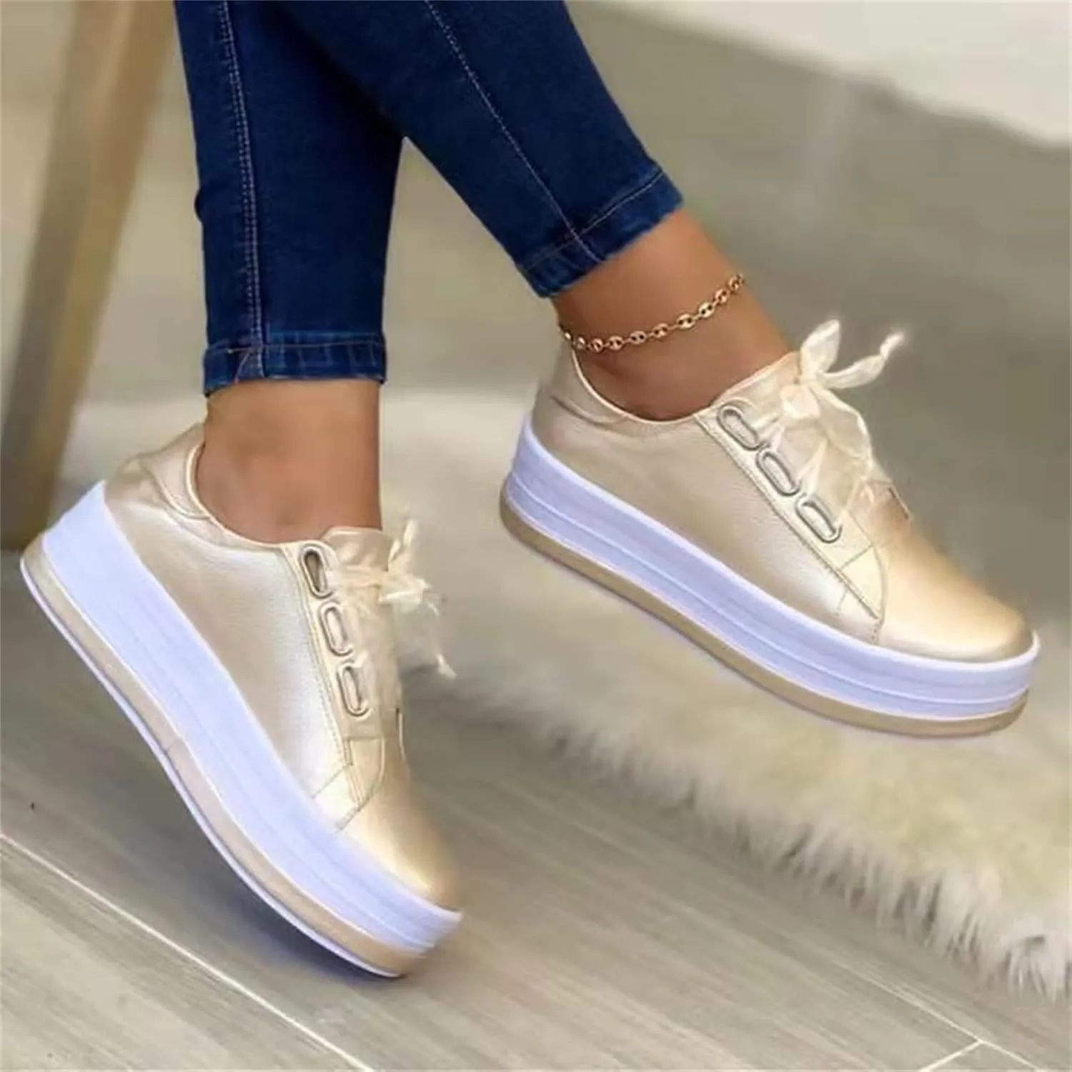 Ladmiple Shoes For Women Sneakers Slip Ons Walking Shoes Non Slip Lightweight Gym Fashion Lace Up Platform Flats Loafers