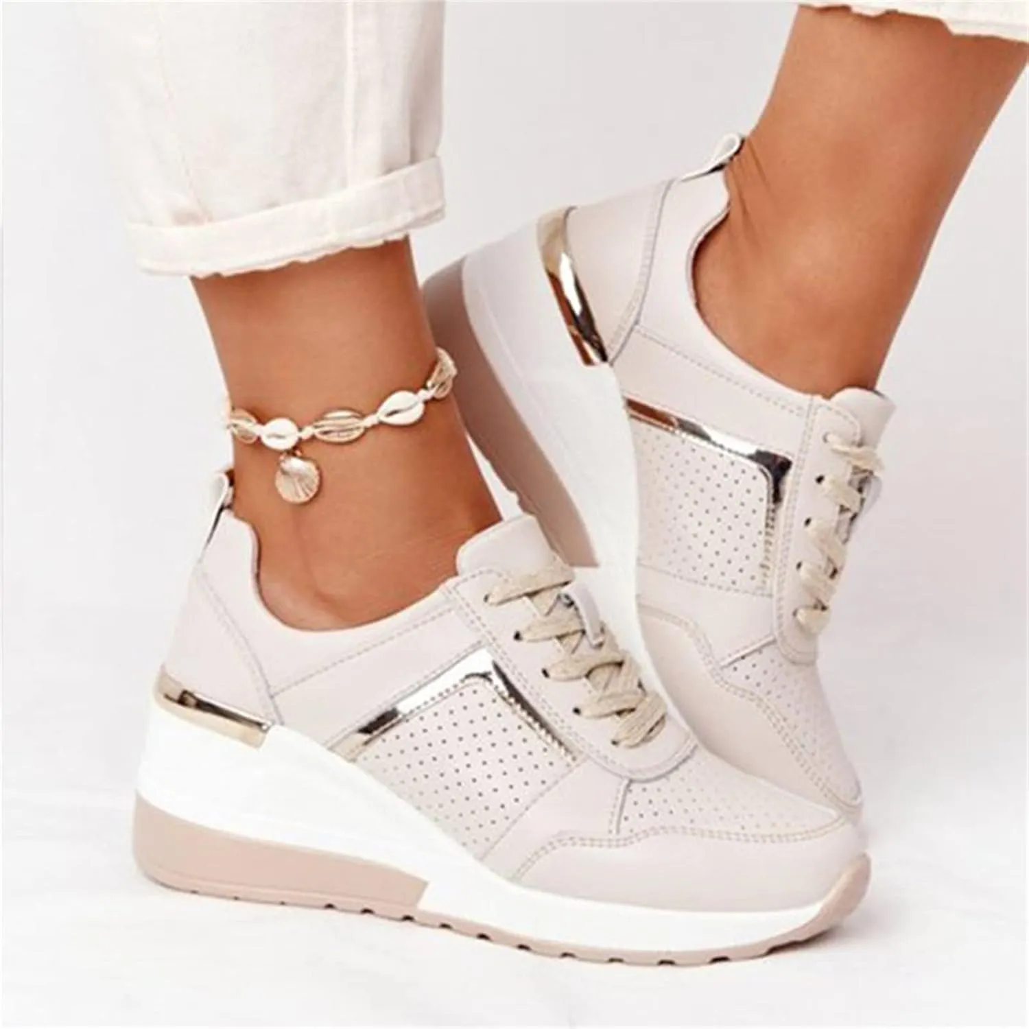 Ladmiple Shoes For Women Sneakers Trendy Low Top Lace Up Fashion Dressy Casual Summer Slip On Platform Walking Shoes