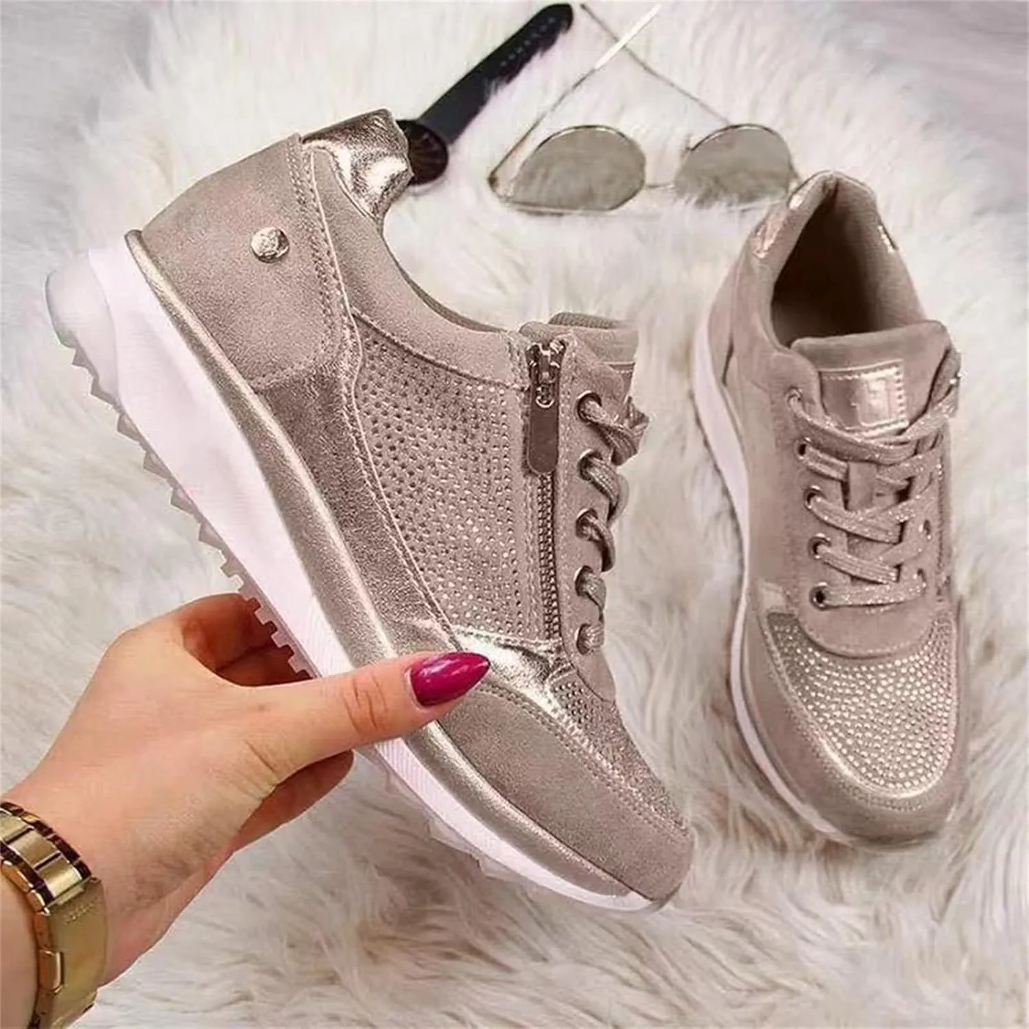 Ladmiple Shoes For Women Sneakers Trendy Low Top Lace-up Walking Shoes Fashion Summer Slip On Platform Flats Loafers