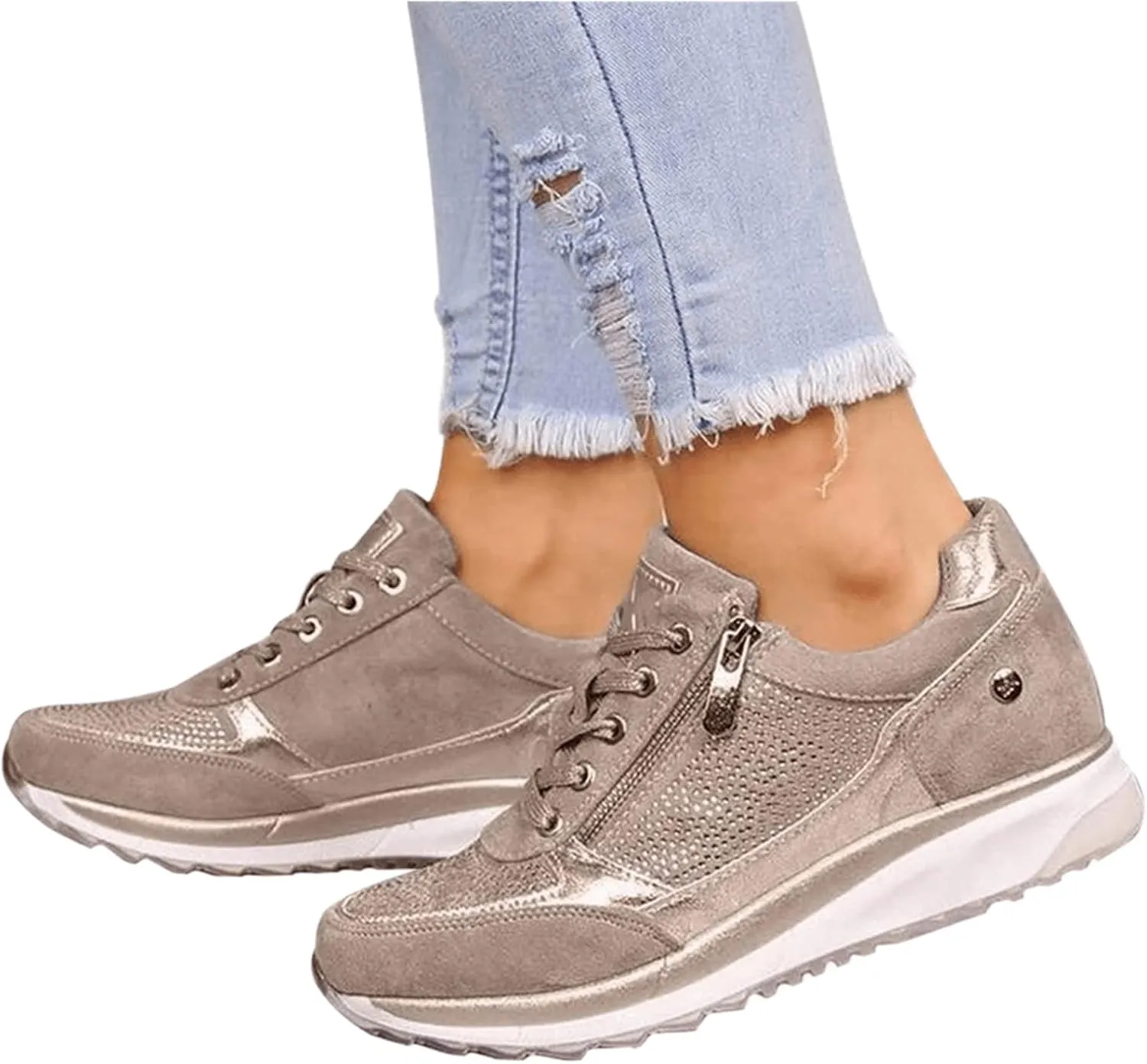 Ladmiple Shoes For Women Sneakers Trendy Low Top Lace-up Walking Shoes Fashion Summer Slip On Platform Flats Loafers