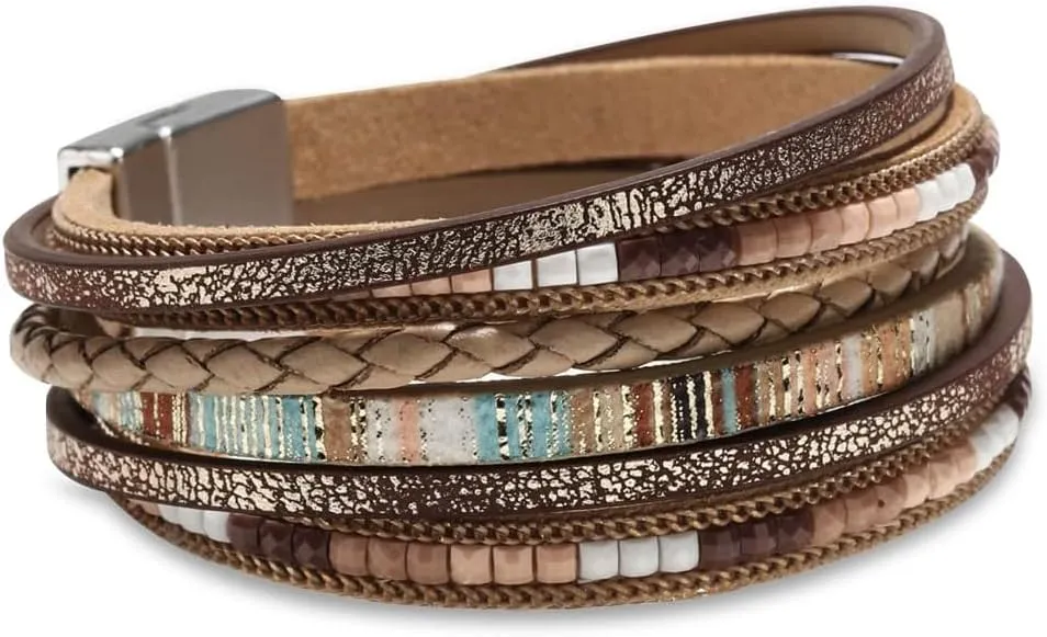 Leather Wrap Bracelets for Women, Boho Leopard Multi-Layer Crystal Beads Cuff Bracelet  Adjustable Handmade Jewelry with Gold Beads, Lightweight & Elegant Gift for Her