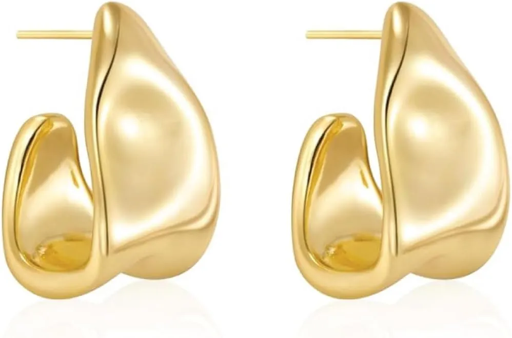 Lightweight Teardrop Statement Huggie Earrings | Gold Dome Hoop Tear Shape Drop Earrings for Women | Puffy Half Hoop