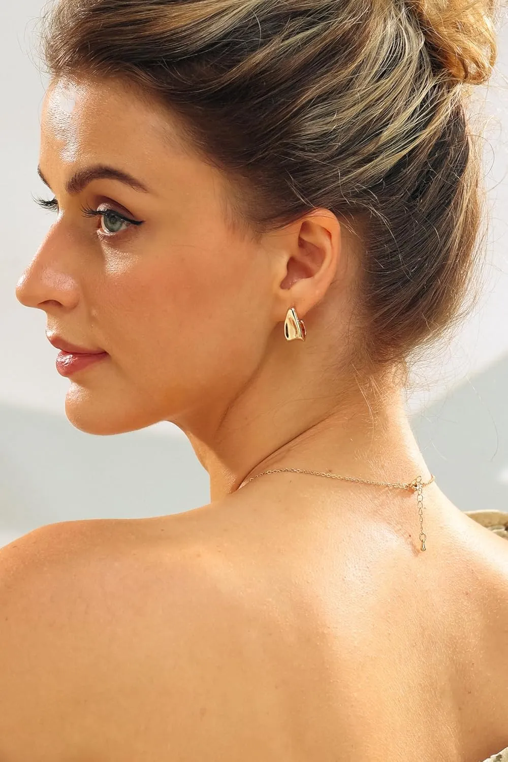 Lightweight Teardrop Statement Huggie Earrings | Gold Dome Hoop Tear Shape Drop Earrings for Women | Puffy Half Hoop