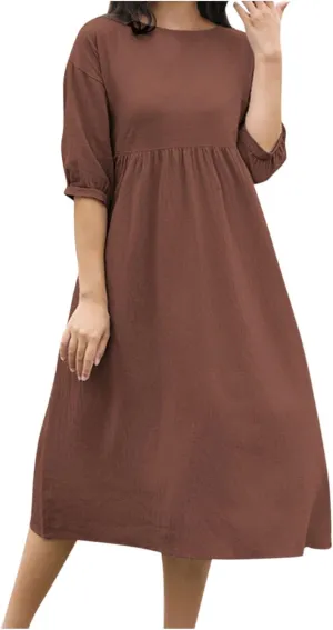 Linen Dresses for Women 2024 Casual Loose Crewneck Half Sleeve Ruched Waist Midi Dress Trendy Comfort Cotton Dress