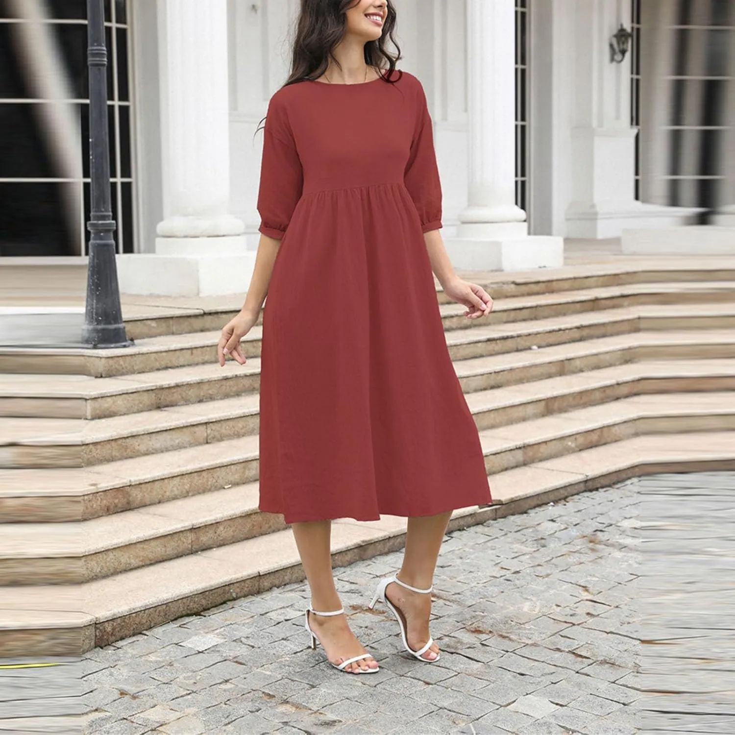 Linen Dresses for Women 2024 Casual Loose Crewneck Half Sleeve Ruched Waist Midi Dress Trendy Comfort Cotton Dress