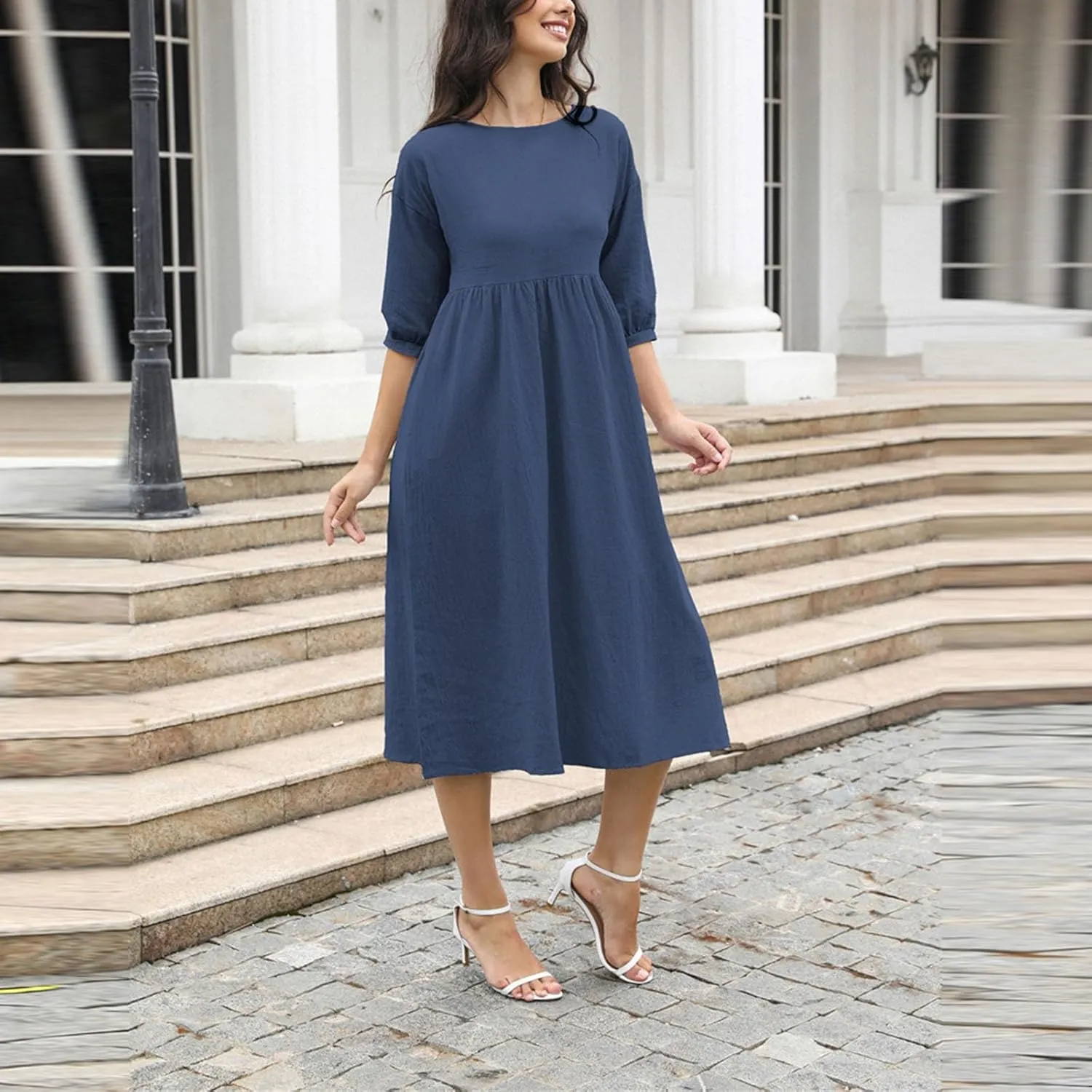 Linen Dresses for Women 2024 Casual Loose Crewneck Half Sleeve Ruched Waist Midi Dress Trendy Comfort Cotton Dress