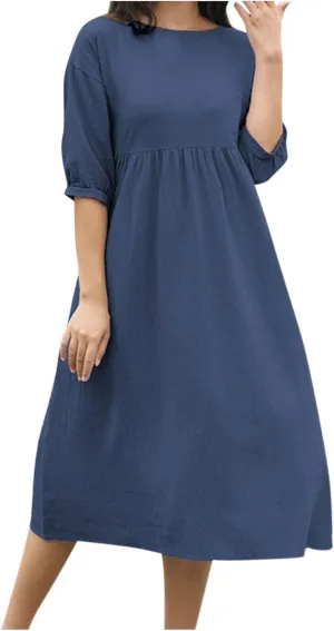 Linen Dresses for Women 2024 Casual Loose Crewneck Half Sleeve Ruched Waist Midi Dress Trendy Comfort Cotton Dress