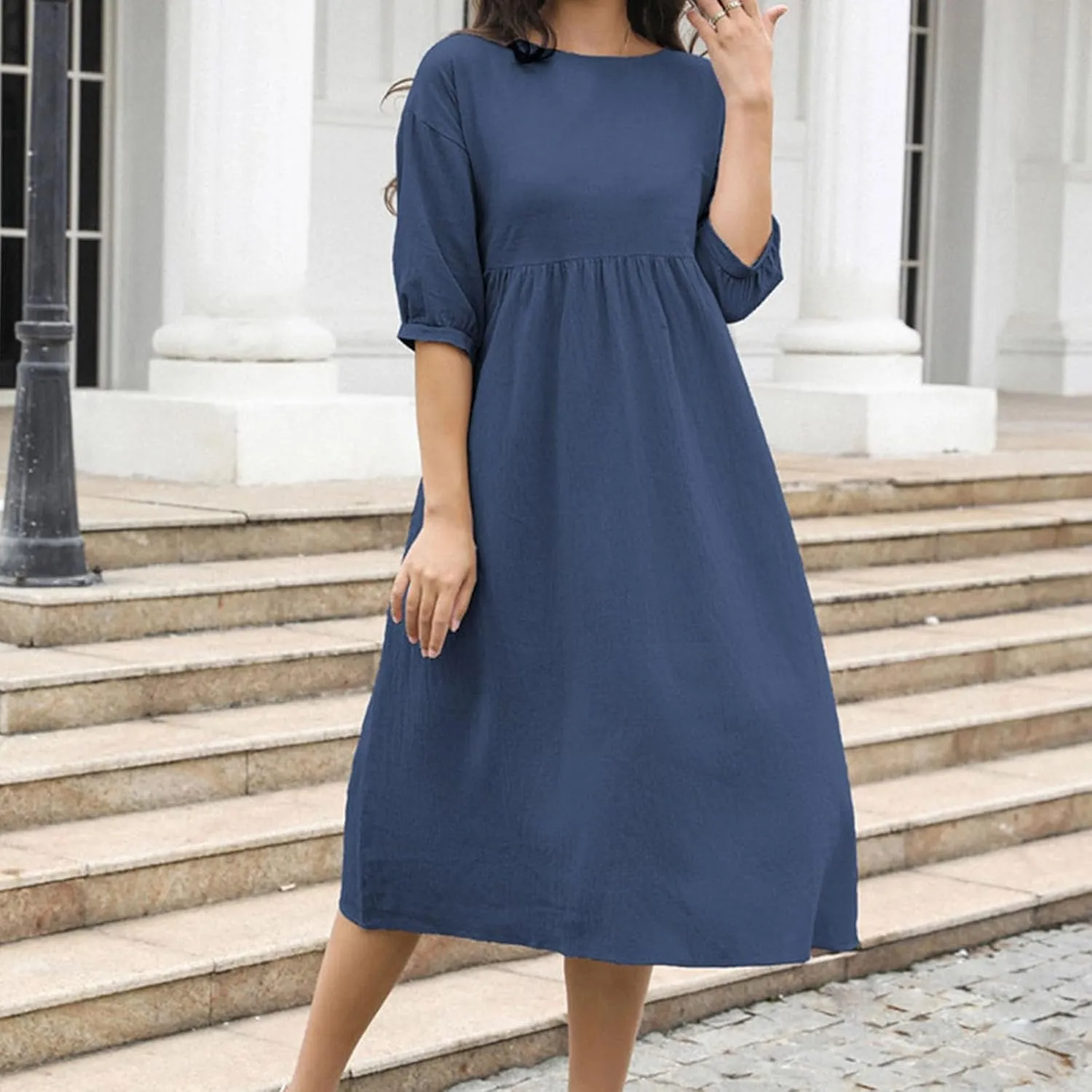 Linen Dresses for Women 2024 Casual Loose Crewneck Half Sleeve Ruched Waist Midi Dress Trendy Comfort Cotton Dress