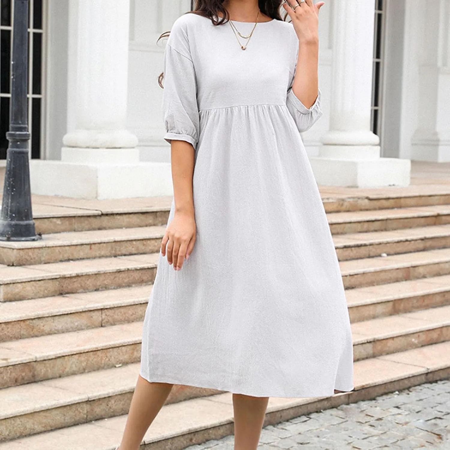 Linen Dresses for Women 2024 Casual Loose Crewneck Half Sleeve Ruched Waist Midi Dress Trendy Comfort Cotton Dress