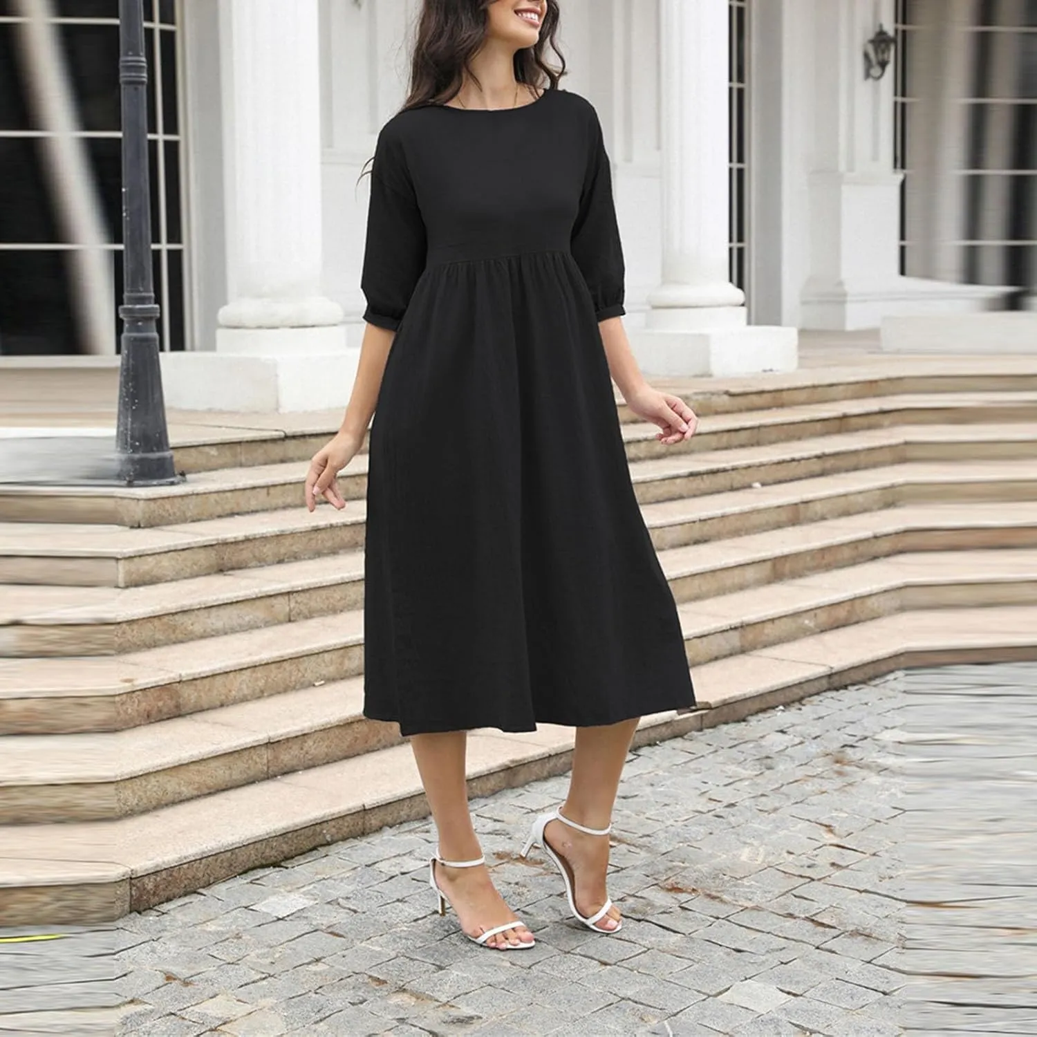 Linen Dresses for Women 2024 Casual Loose Crewneck Half Sleeve Ruched Waist Midi Dress Trendy Comfort Cotton Dress