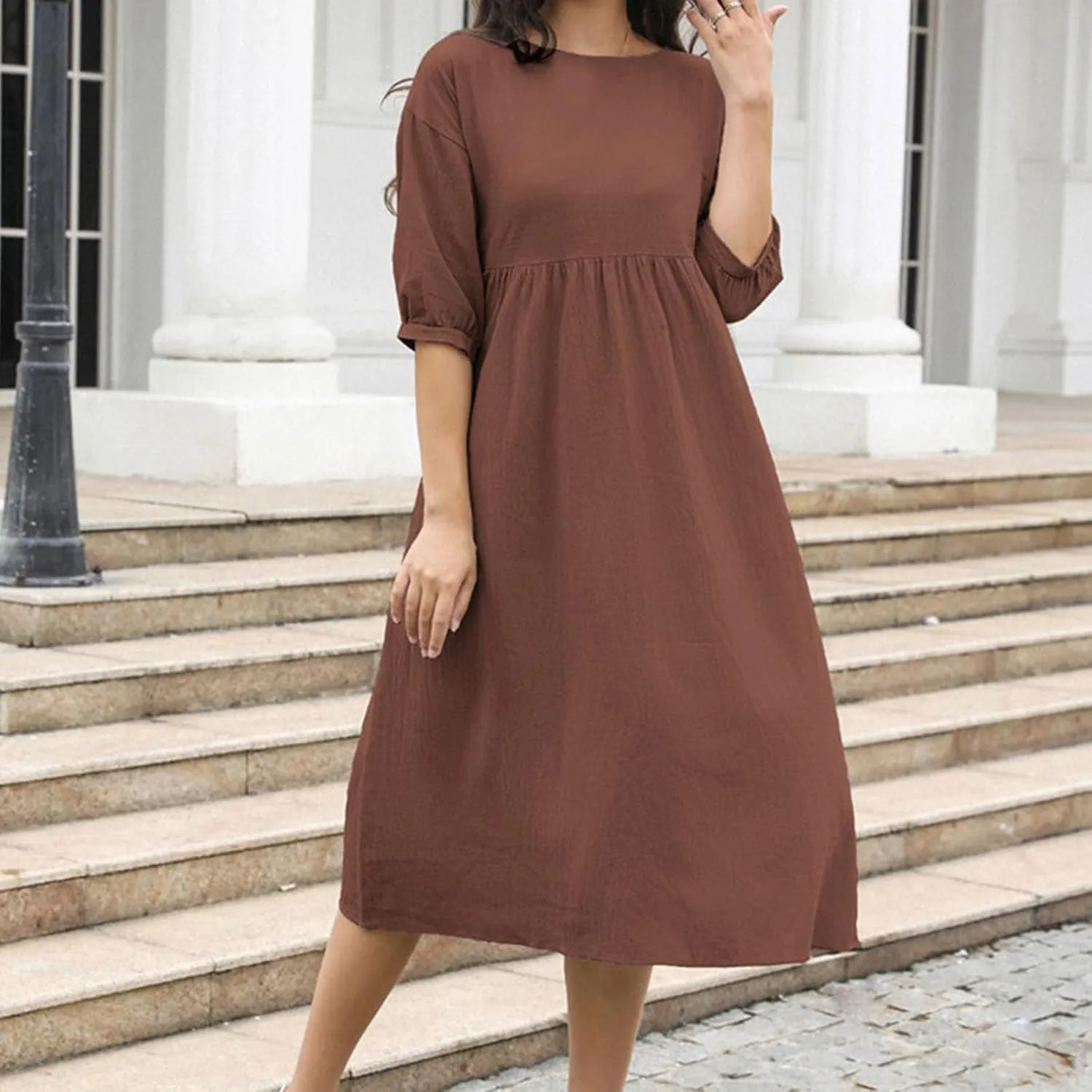 Linen Dresses for Women 2024 Casual Loose Crewneck Half Sleeve Ruched Waist Midi Dress Trendy Comfort Cotton Dress
