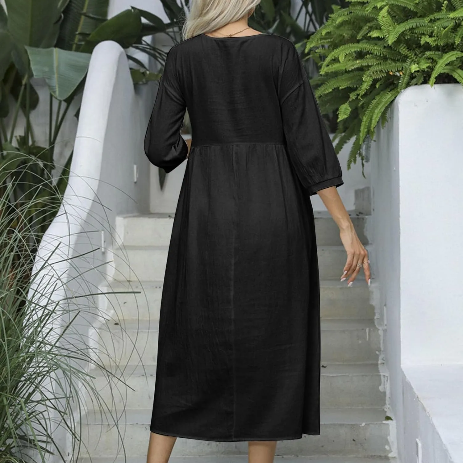 Linen Dresses for Women 2024 Casual Loose Crewneck Half Sleeve Ruched Waist Midi Dress Trendy Comfort Cotton Dress