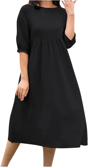 Linen Dresses for Women 2024 Casual Loose Crewneck Half Sleeve Ruched Waist Midi Dress Trendy Comfort Cotton Dress