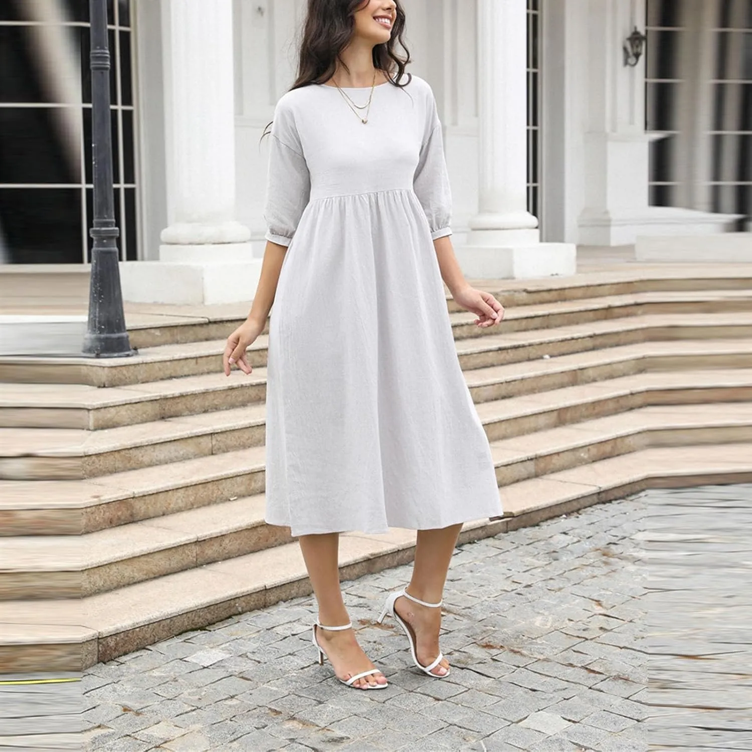Linen Dresses for Women 2024 Casual Loose Crewneck Half Sleeve Ruched Waist Midi Dress Trendy Comfort Cotton Dress