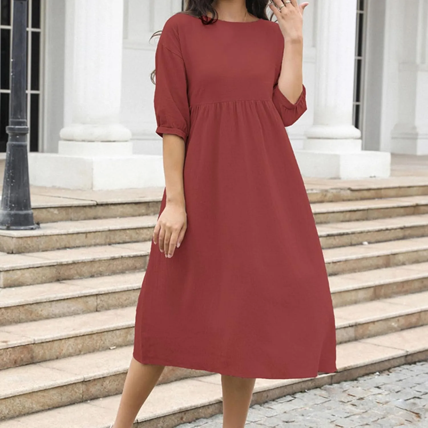 Linen Dresses for Women 2024 Casual Loose Crewneck Half Sleeve Ruched Waist Midi Dress Trendy Comfort Cotton Dress