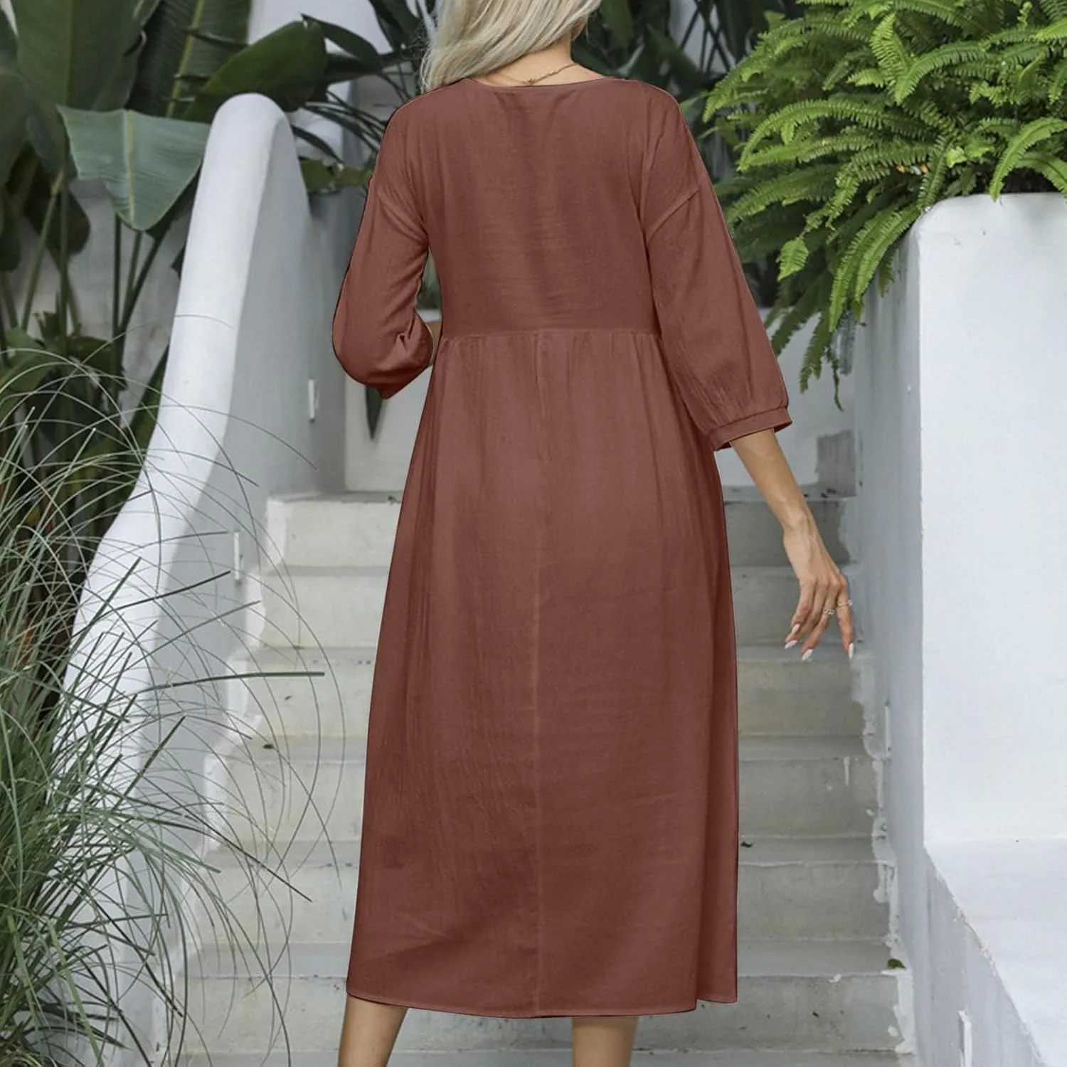 Linen Dresses for Women 2024 Casual Loose Crewneck Half Sleeve Ruched Waist Midi Dress Trendy Comfort Cotton Dress