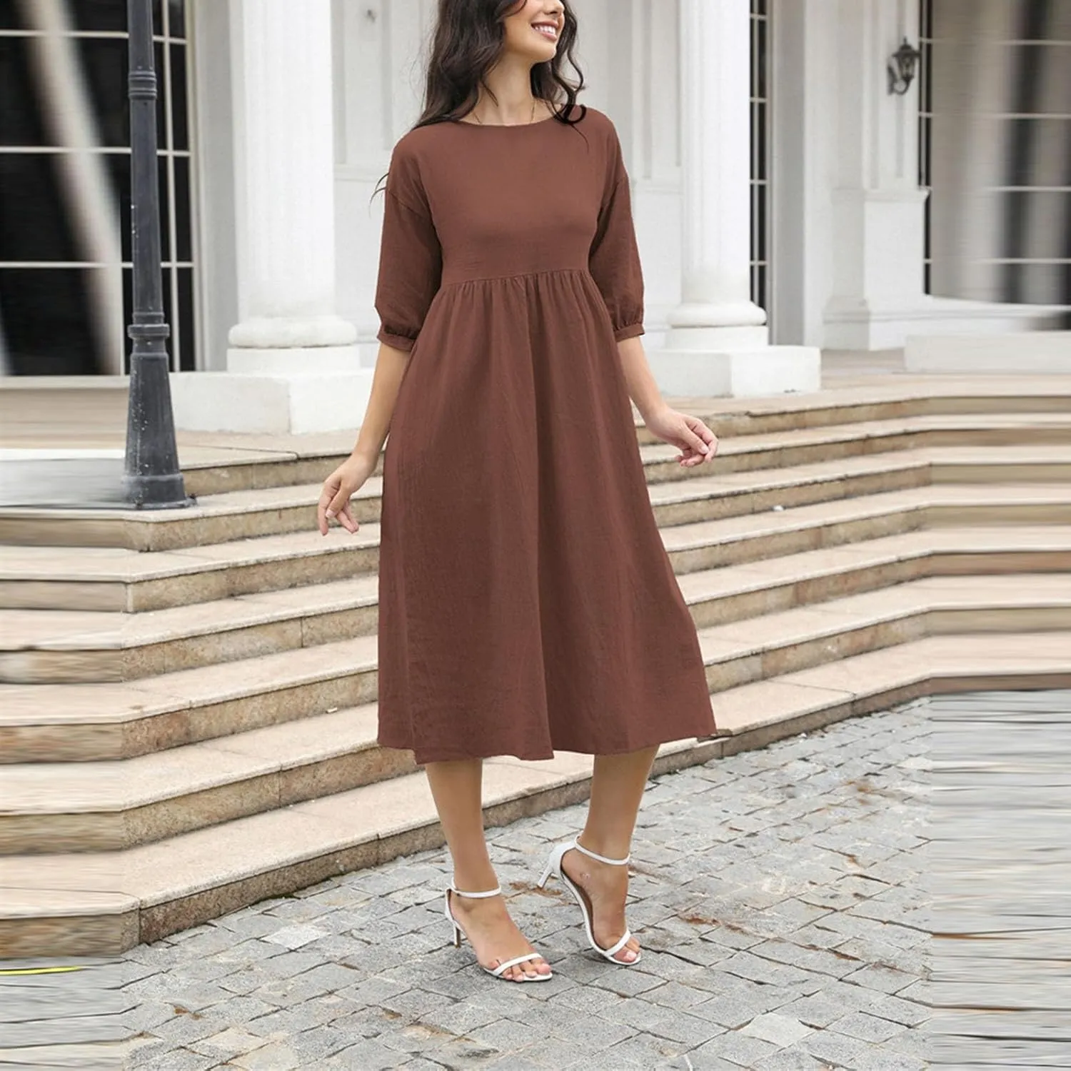 Linen Dresses for Women 2024 Casual Loose Crewneck Half Sleeve Ruched Waist Midi Dress Trendy Comfort Cotton Dress