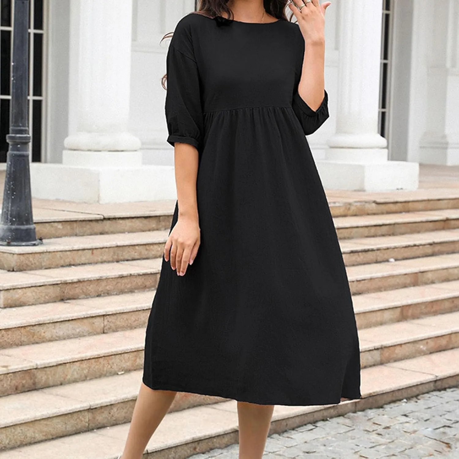 Linen Dresses for Women 2024 Casual Loose Crewneck Half Sleeve Ruched Waist Midi Dress Trendy Comfort Cotton Dress