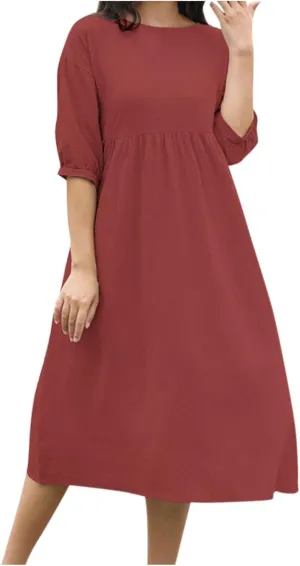 Linen Dresses for Women 2024 Casual Loose Crewneck Half Sleeve Ruched Waist Midi Dress Trendy Comfort Cotton Dress