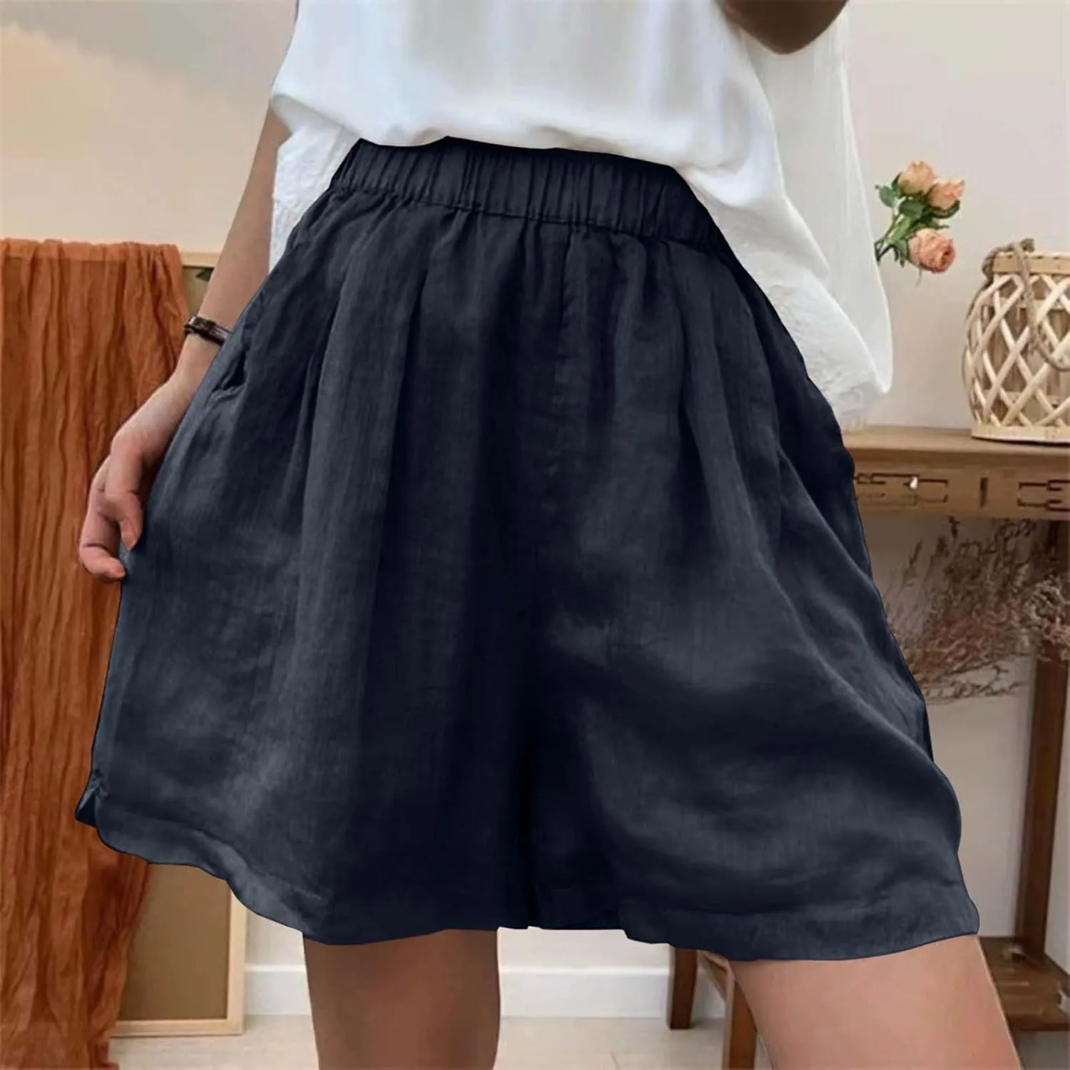 Linen Flowy Shorts for Women Summer Elastic High Waisted Casual Baggy Shorts Trendy Comfort Lounge Skorts with Pockets