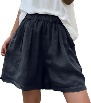 Linen Flowy Shorts for Women Summer Elastic High Waisted Casual Baggy Shorts Trendy Comfort Lounge Skorts with Pockets