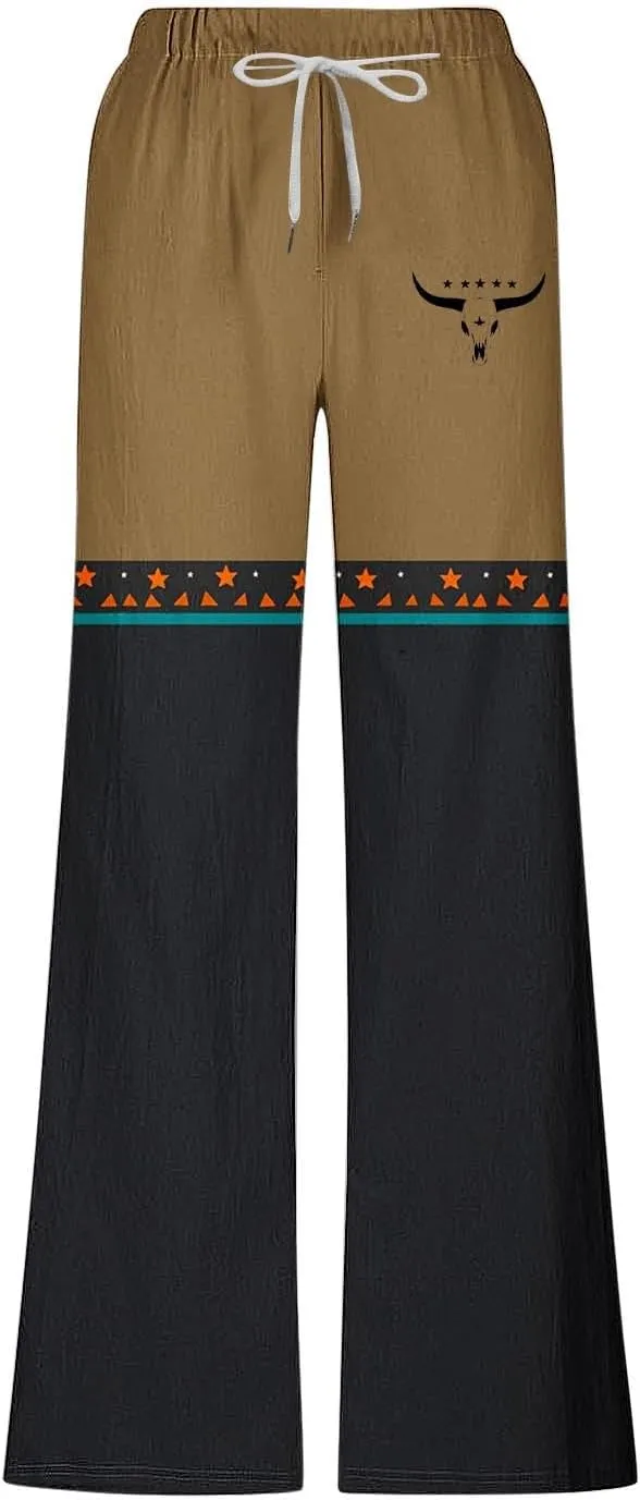 Linen Pants Men Printed Summer Casual Elastic Waist Pants with Pockets Relaxed Fit Soft Loungewear Plus Size