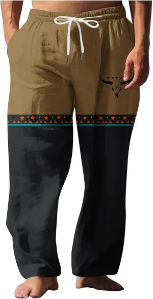 Linen Pants Men Printed Summer Casual Elastic Waist Pants with Pockets Relaxed Fit Soft Loungewear Plus Size