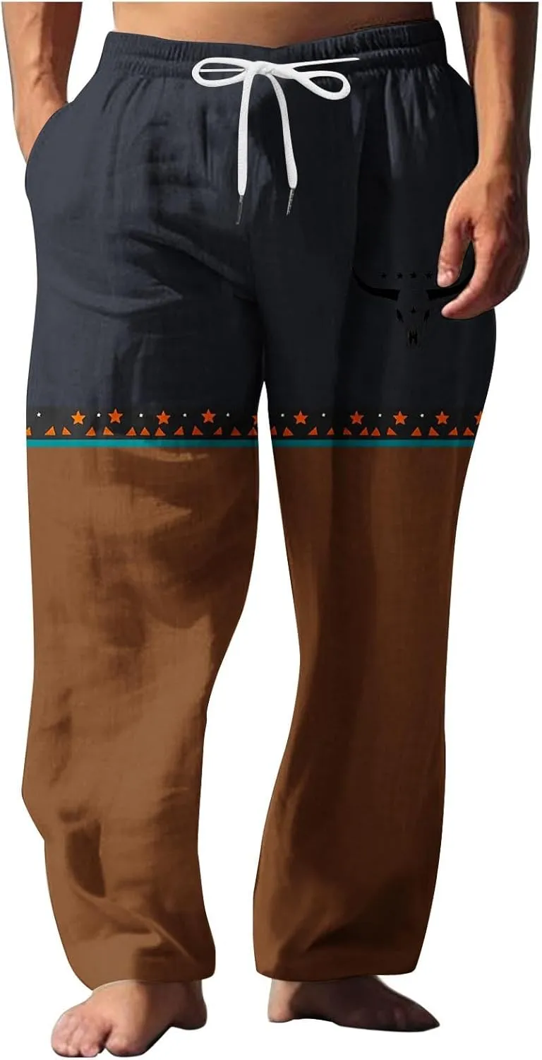Linen Pants Men Printed Summer Casual Elastic Waist Pants with Pockets Relaxed Fit Soft Loungewear Plus Size