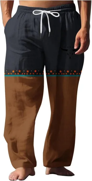 Linen Pants Men Printed Summer Casual Elastic Waist Pants with Pockets Relaxed Fit Soft Loungewear Plus Size