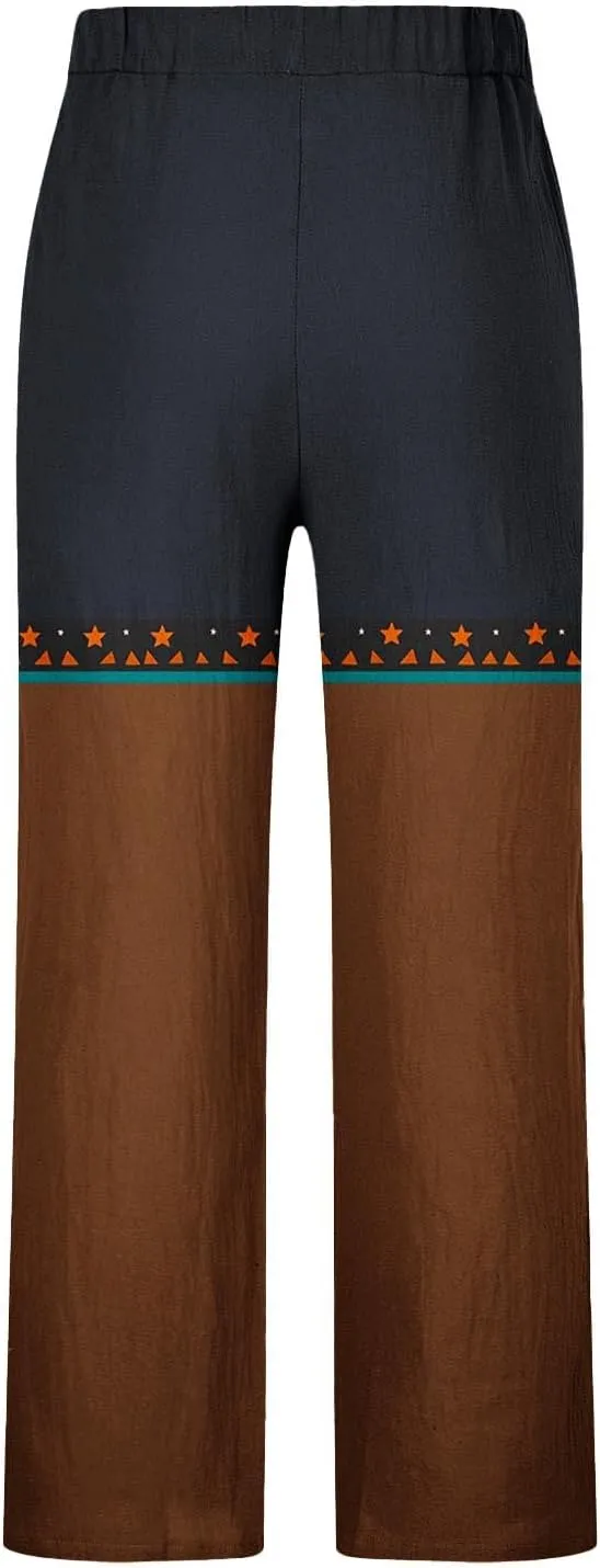 Linen Pants Men Printed Summer Casual Elastic Waist Pants with Pockets Relaxed Fit Soft Loungewear Plus Size