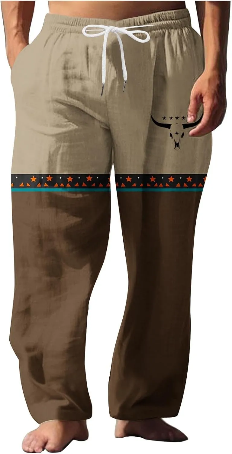 Linen Pants Men Printed Summer Casual Elastic Waist Pants with Pockets Relaxed Fit Soft Loungewear Plus Size