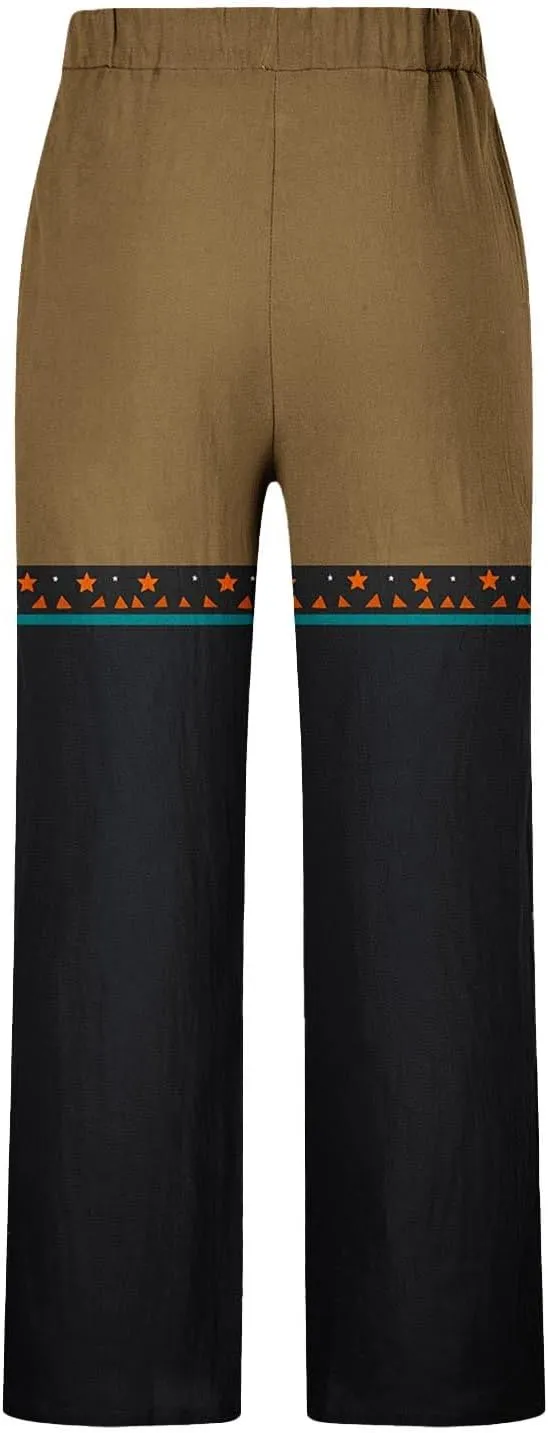 Linen Pants Men Printed Summer Casual Elastic Waist Pants with Pockets Relaxed Fit Soft Loungewear Plus Size