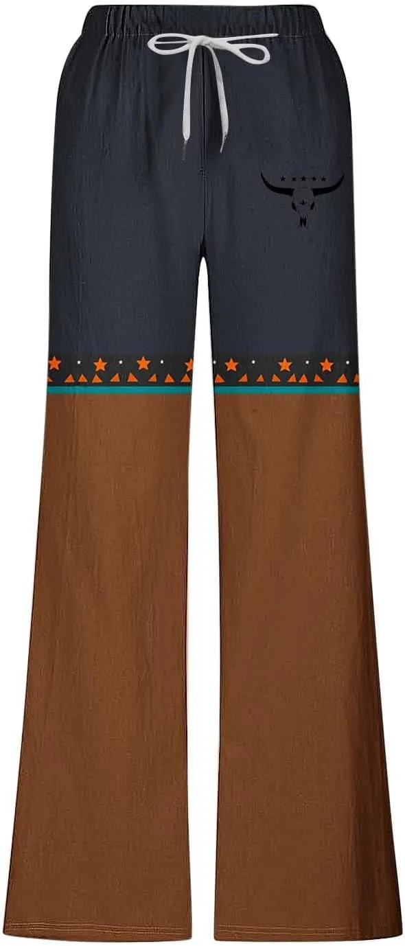 Linen Pants Men Printed Summer Casual Elastic Waist Pants with Pockets Relaxed Fit Soft Loungewear Plus Size