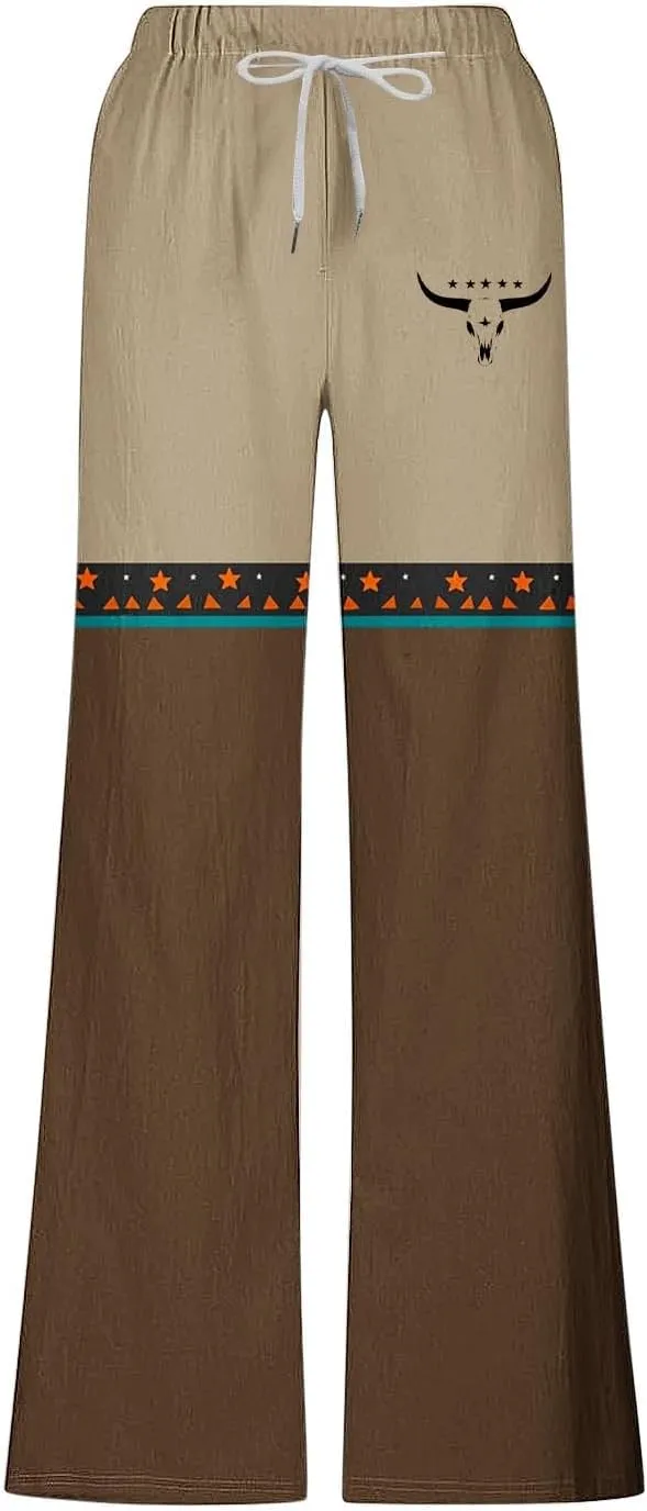 Linen Pants Men Printed Summer Casual Elastic Waist Pants with Pockets Relaxed Fit Soft Loungewear Plus Size