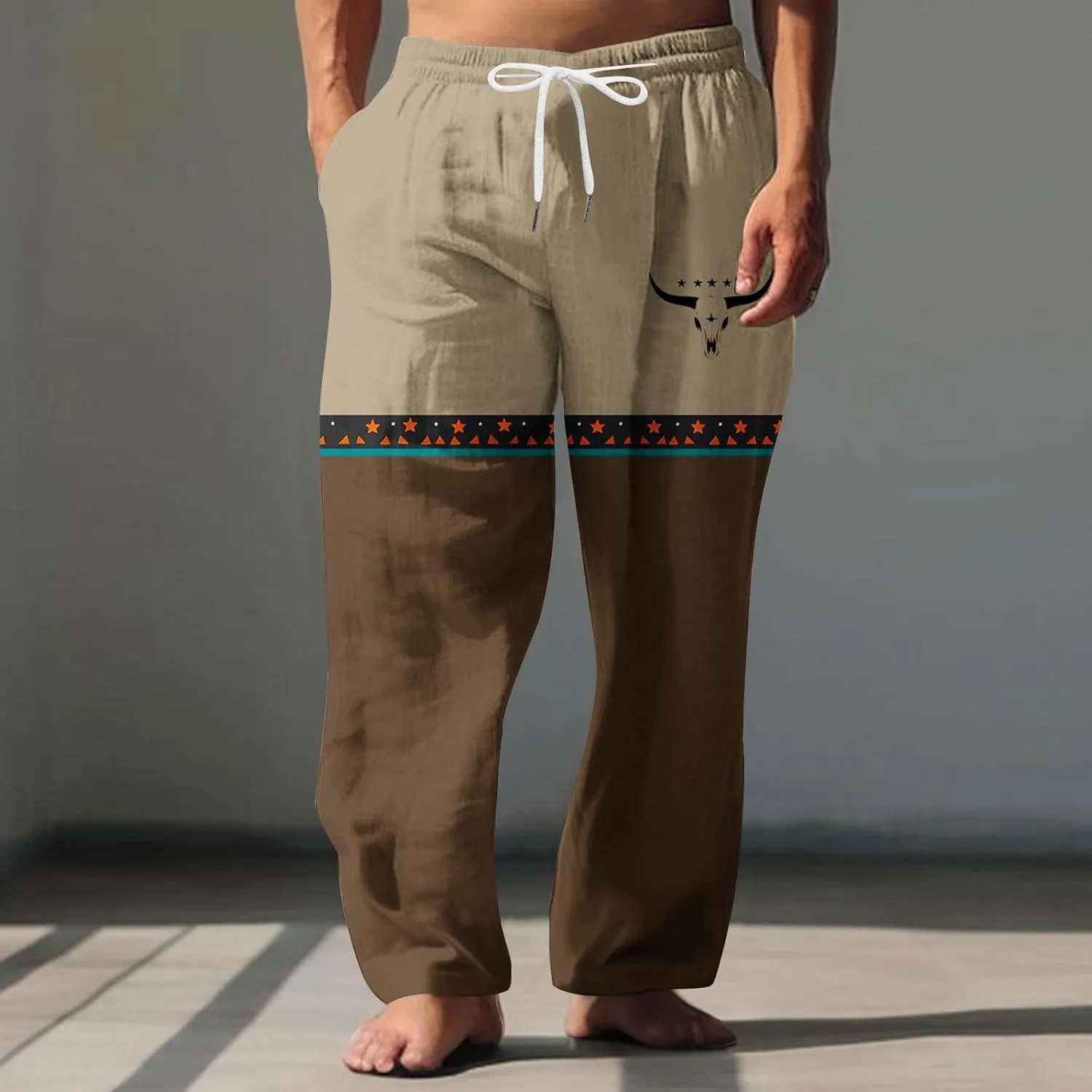 Linen Pants Men Printed Summer Casual Elastic Waist Pants with Pockets Relaxed Fit Soft Loungewear Plus Size