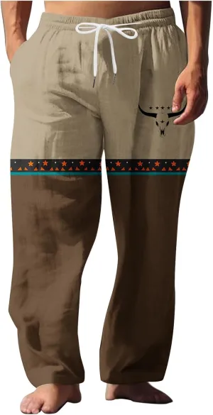 Linen Pants Men Printed Summer Casual Elastic Waist Pants with Pockets Relaxed Fit Soft Loungewear Plus Size