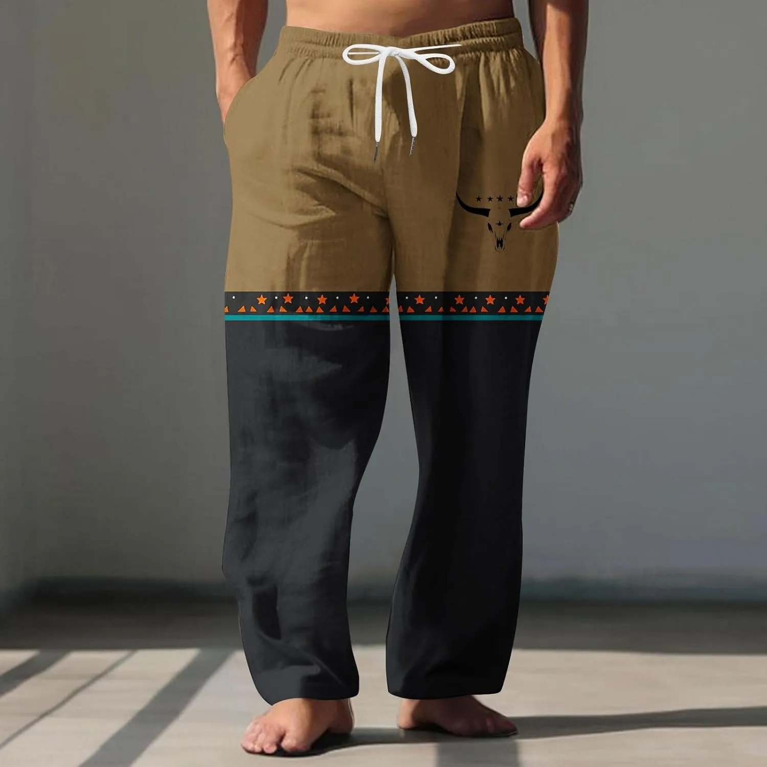 Linen Pants Men Printed Summer Casual Elastic Waist Pants with Pockets Relaxed Fit Soft Loungewear Plus Size