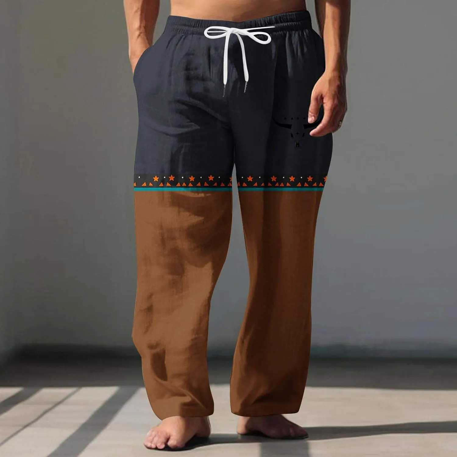 Linen Pants Men Printed Summer Casual Elastic Waist Pants with Pockets Relaxed Fit Soft Loungewear Plus Size