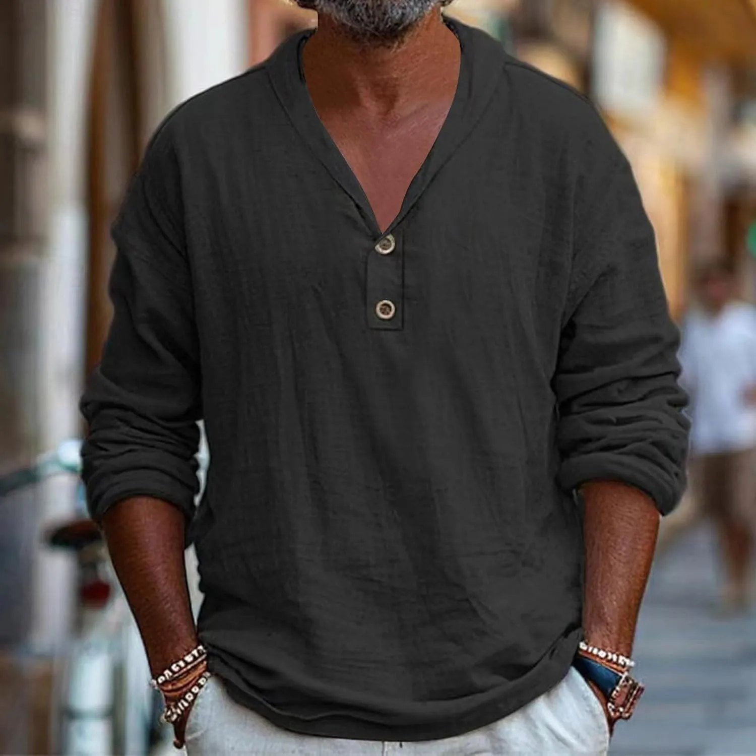 Linen Shirt Men Long Sleeve Casual Beach Button Up Summer Holiday Top Hippie Loose Fit V Neck Tee Tops 2025