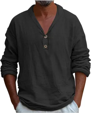 Linen Shirt Men Long Sleeve Casual Beach Button Up Summer Holiday Top Hippie Loose Fit V Neck Tee Tops 2025