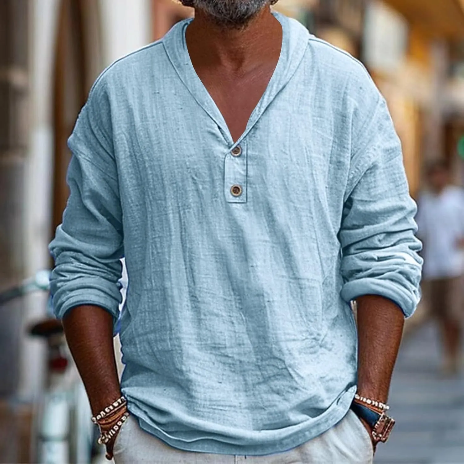 Linen Shirt Men Long Sleeve Casual Beach Button Up Summer Holiday Top Hippie Loose Fit V Neck Tee Tops 2025